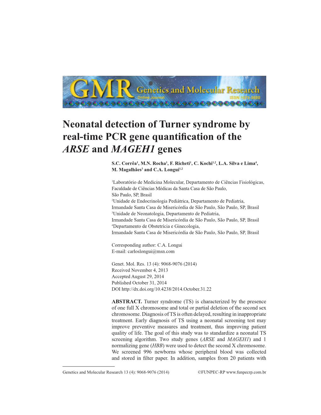 Neonatal Detection of Turner Syndrome by Real-Time PCR Gene Quantification of the ARSE and MAGEH1 Genes