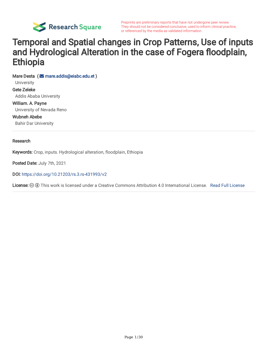 Temporal and Spatial Changes in Crop Patterns, Use of Inputs and Hydrological Alteration in the Case of Fogera Oodplain, Ethiopi