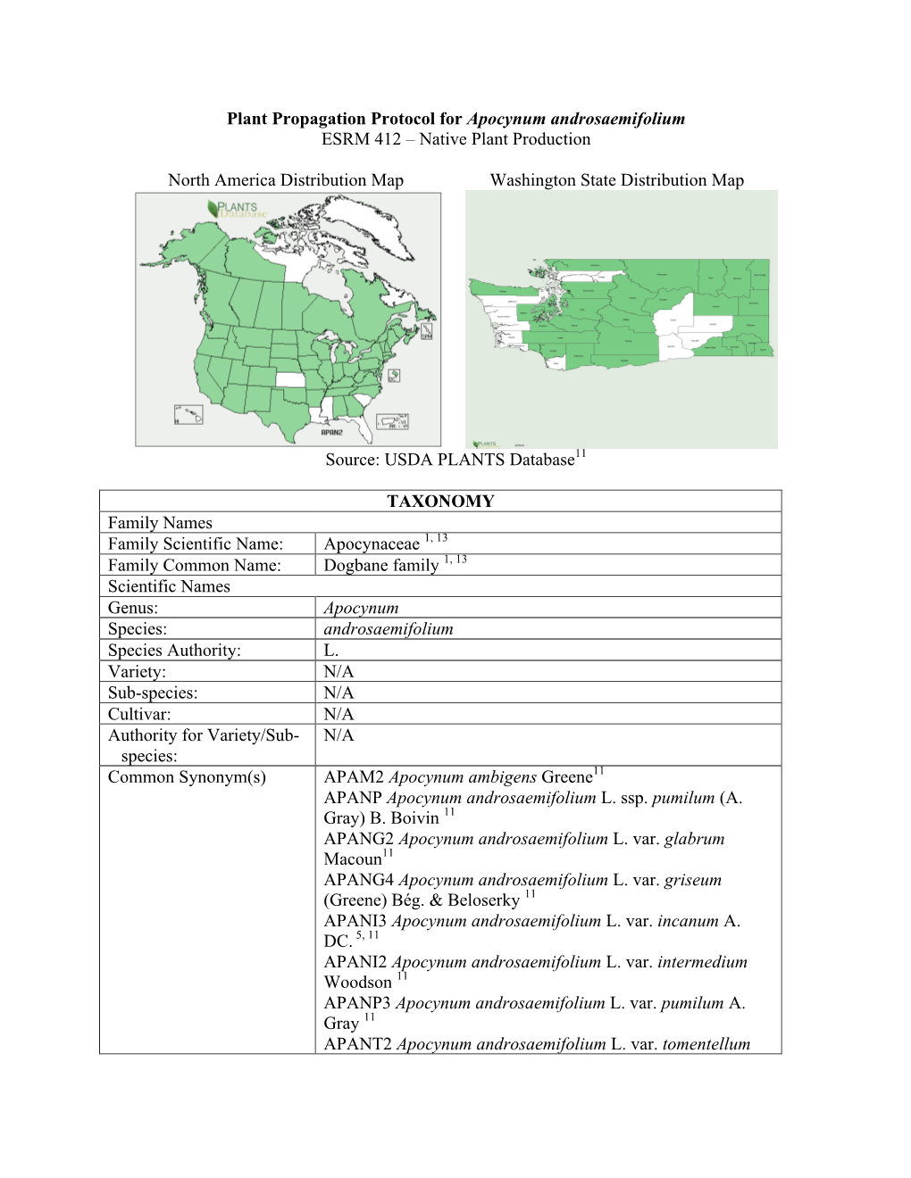 Plant Propagation Protocol for Apocynum Androsaemifolium ESRM 412 – Native Plant Production