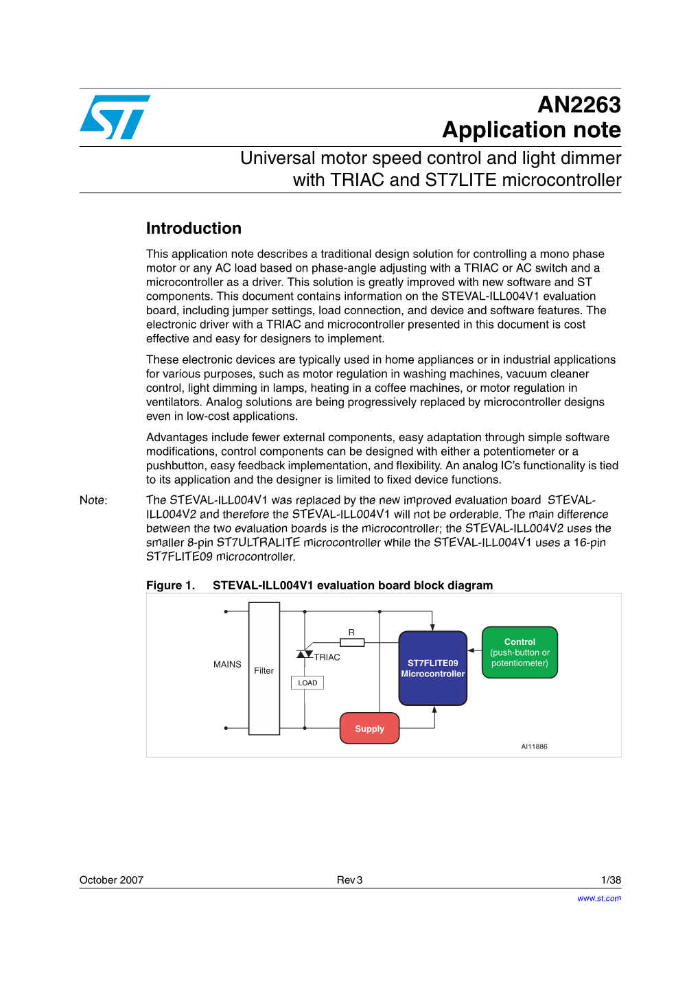 Universal Motor Speed Control and Light Dimmer with TRIAC and ST7LITE Microcontroller