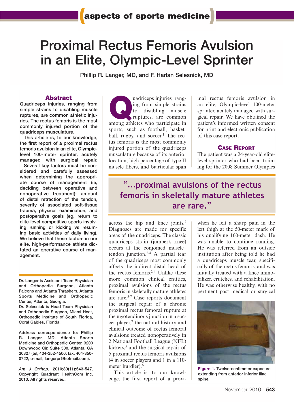 Proximal Rectus Femoris Avulsion in an Elite, Olympic-Level Sprinter Phillip R