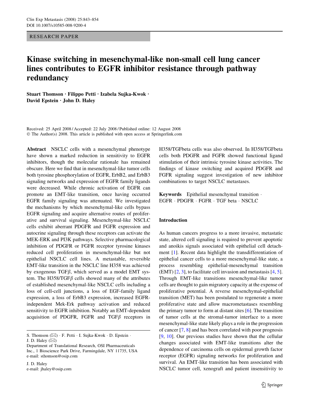 Kinase Switching in Mesenchymal-Like Non-Small Cell Lung Cancer Lines Contributes to EGFR Inhibitor Resistance Through Pathway Redundancy