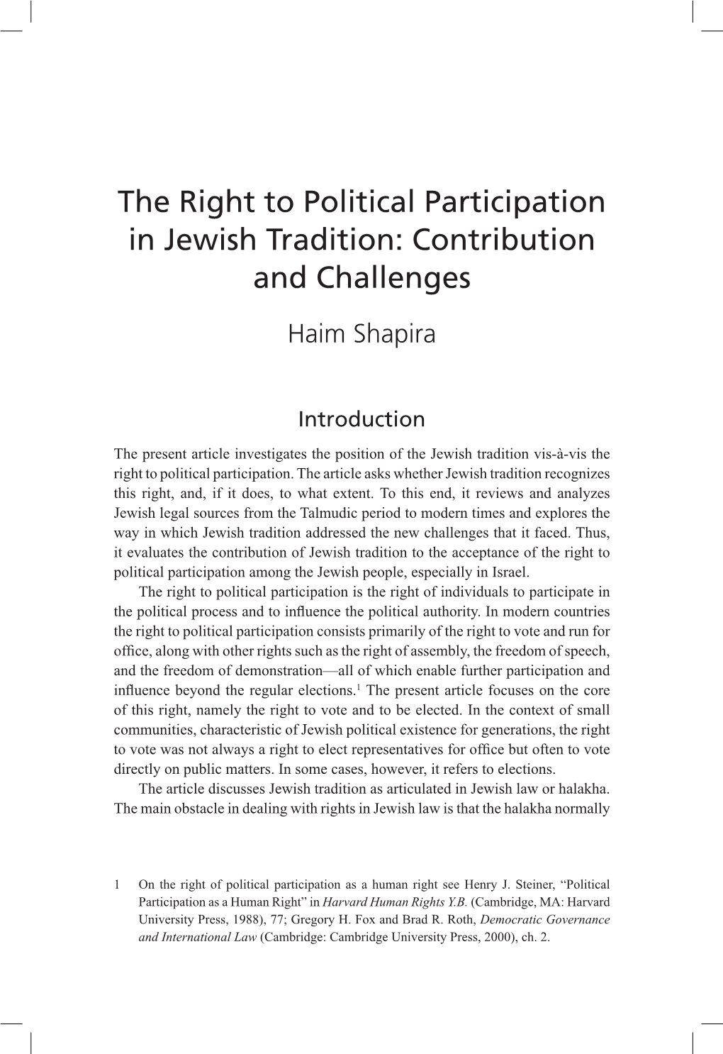 The Right to Political Participation in Jewish Tradition: Contribution and Challenges