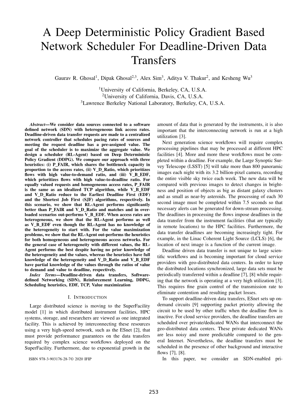 A Deep Deterministic Policy Gradient Based Network Scheduler for Deadline-Driven Data Transfers