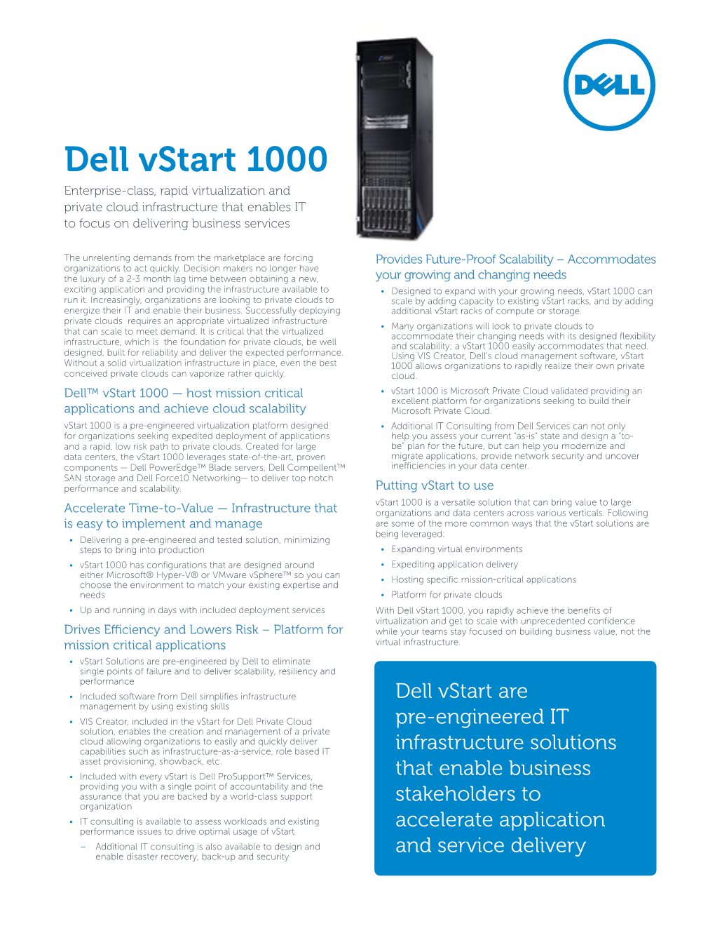 Dell Vstart 1000 Enterprise-Class, Rapid Virtualization and Private Cloud Infrastructure That Enables IT to Focus on Delivering Business Services