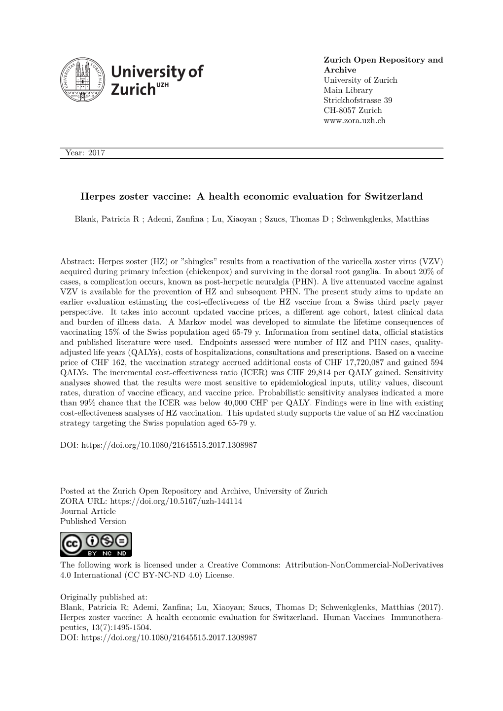 Herpes Zoster Vaccine: a Health Economic Evaluation for Switzerland