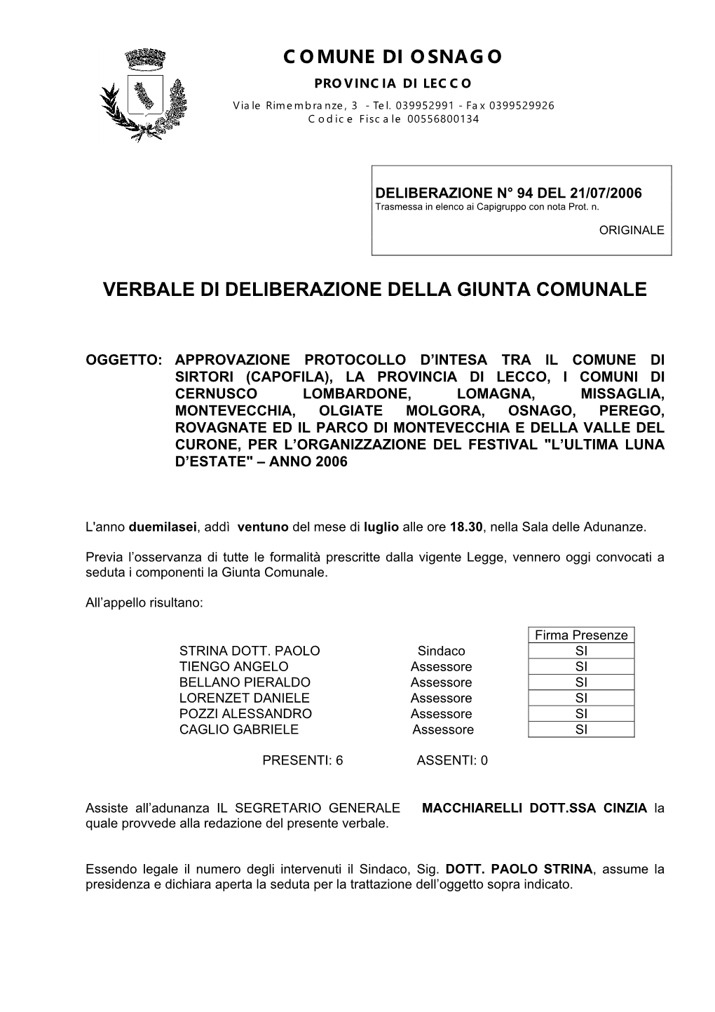 Comune Di Osnago Verbale Di Deliberazione Della Giunta Comunale