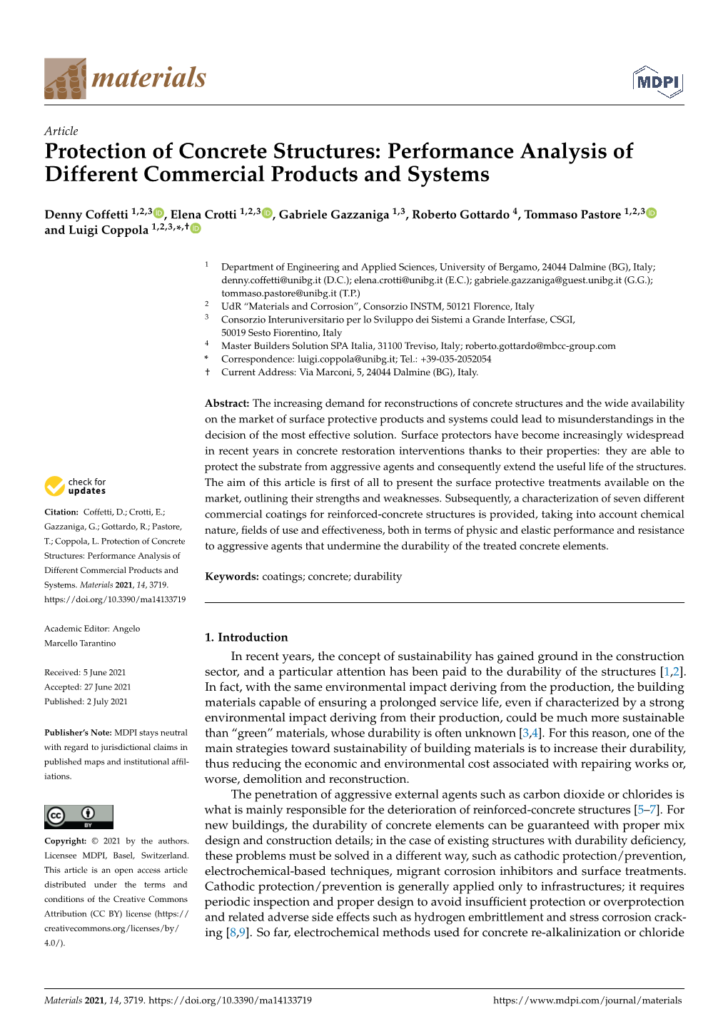 Protection of Concrete Structures: Performance Analysis of Different Commercial Products and Systems