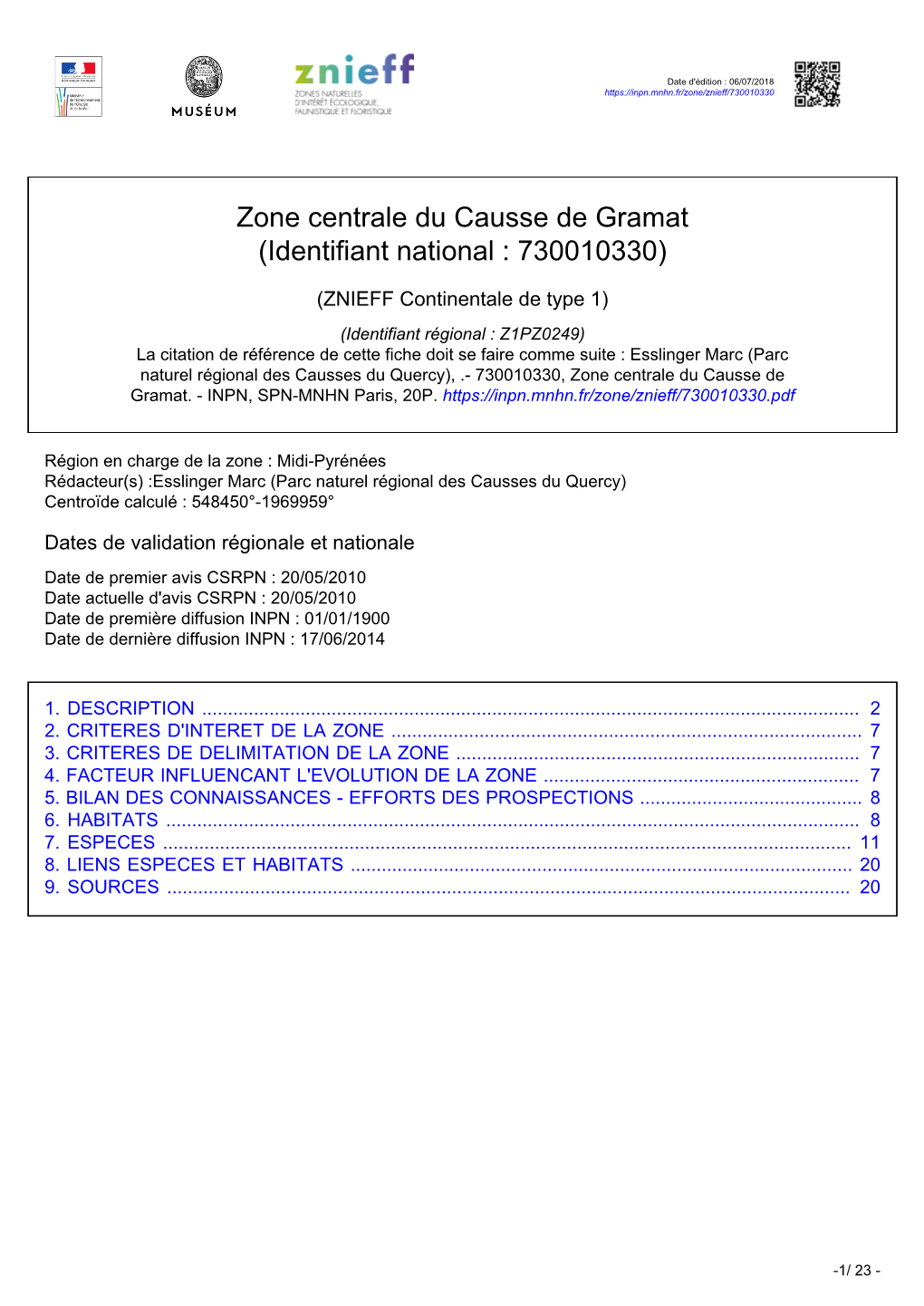 Zone Centrale Du Causse De Gramat (Identifiant National : 730010330)