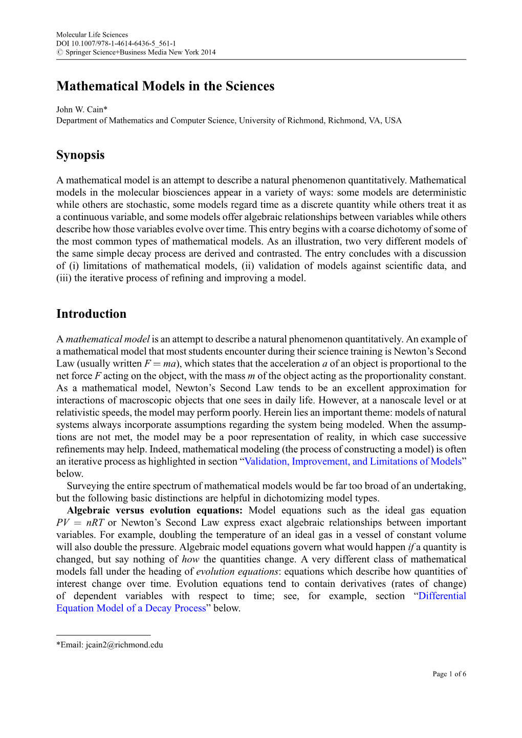 Mathematical Models in the Sciences