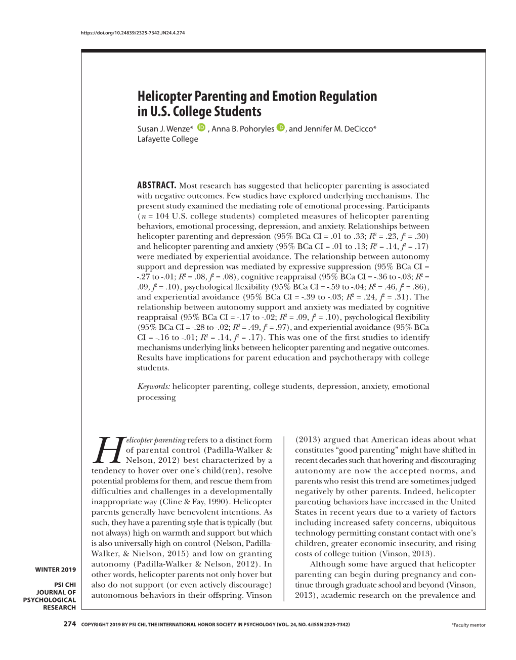 Helicopter Parenting and Emotion Regulation in U.S. College Students Susan J