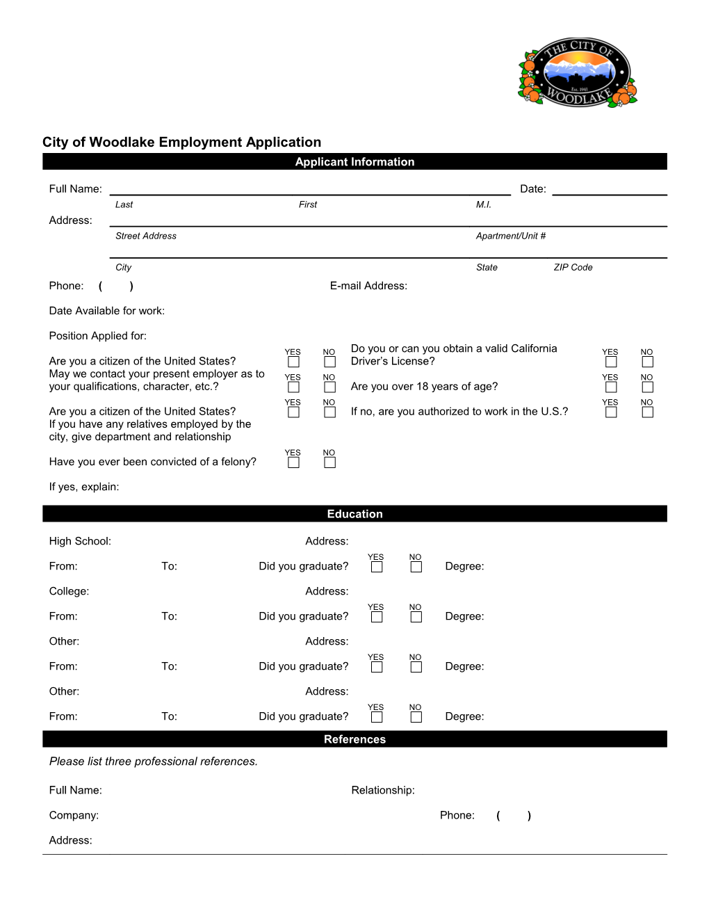 City of Woodlake Employment Application