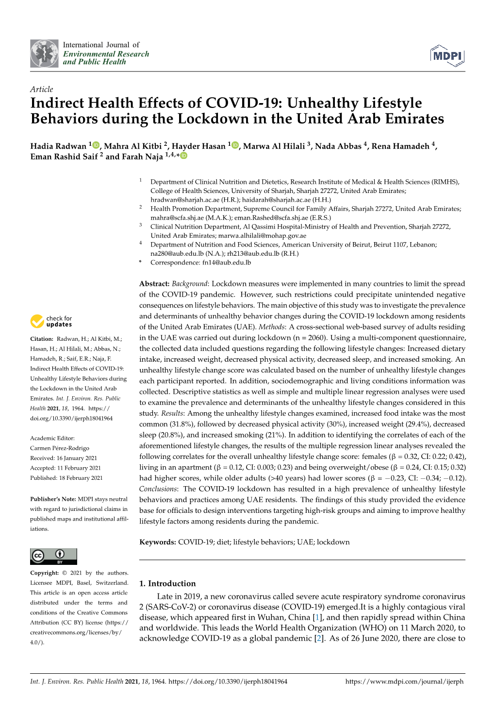 Indirect Health Effects of COVID-19: Unhealthy Lifestyle Behaviors During the Lockdown in the United Arab Emirates