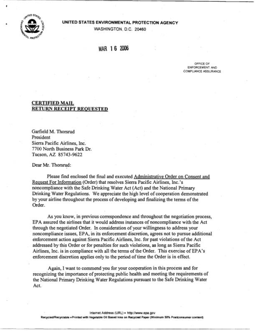 "Sierra Pacific Airlines, Inc.: Administrative Order on Consent