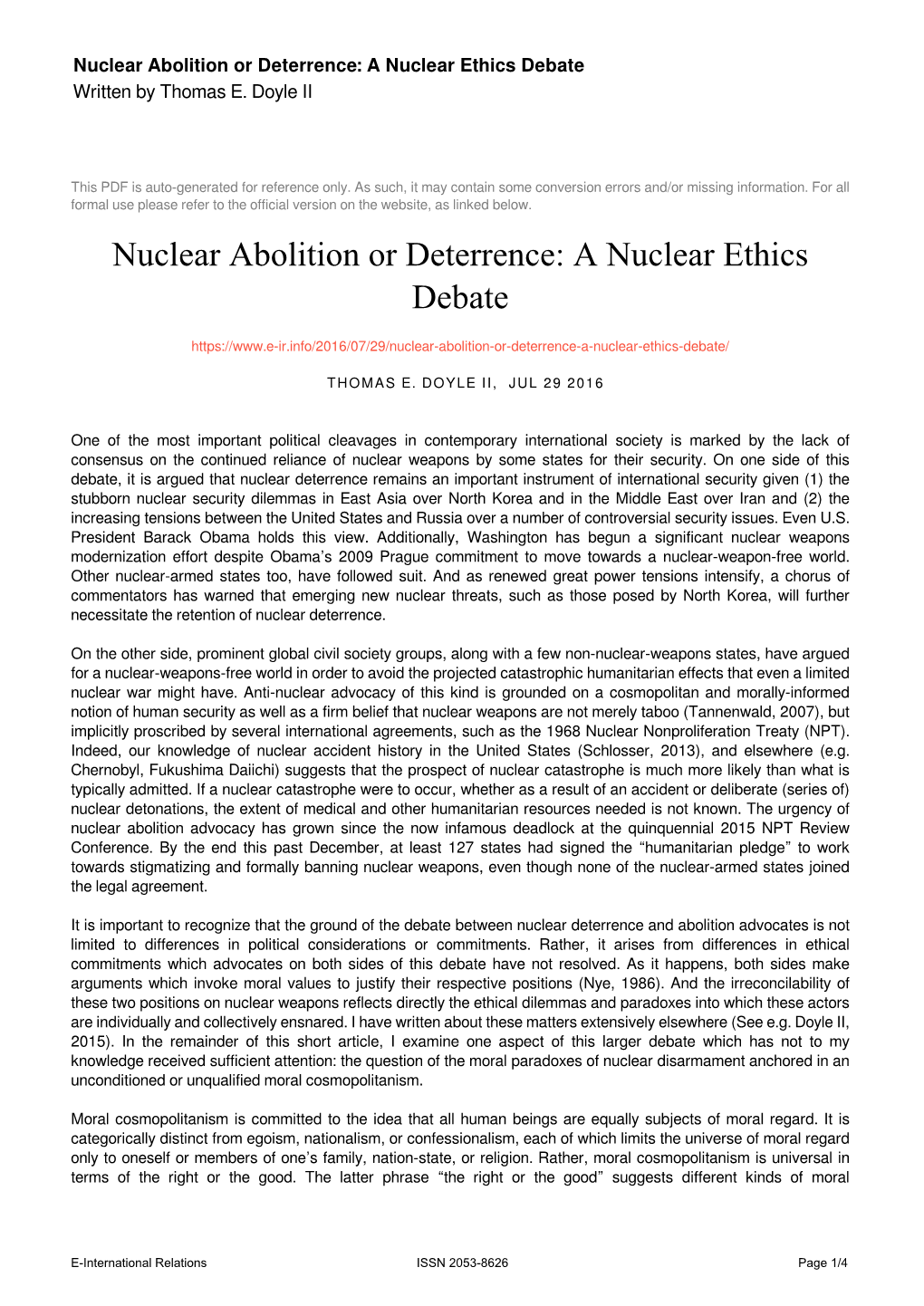 Nuclear Abolition Or Deterrence: a Nuclear Ethics Debate Written by Thomas E