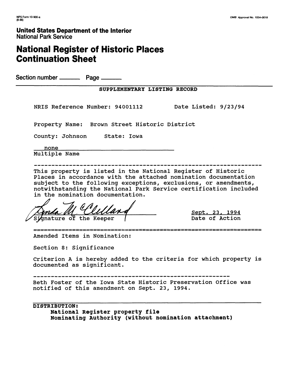 National Register of Historic Places Continuation Sheet