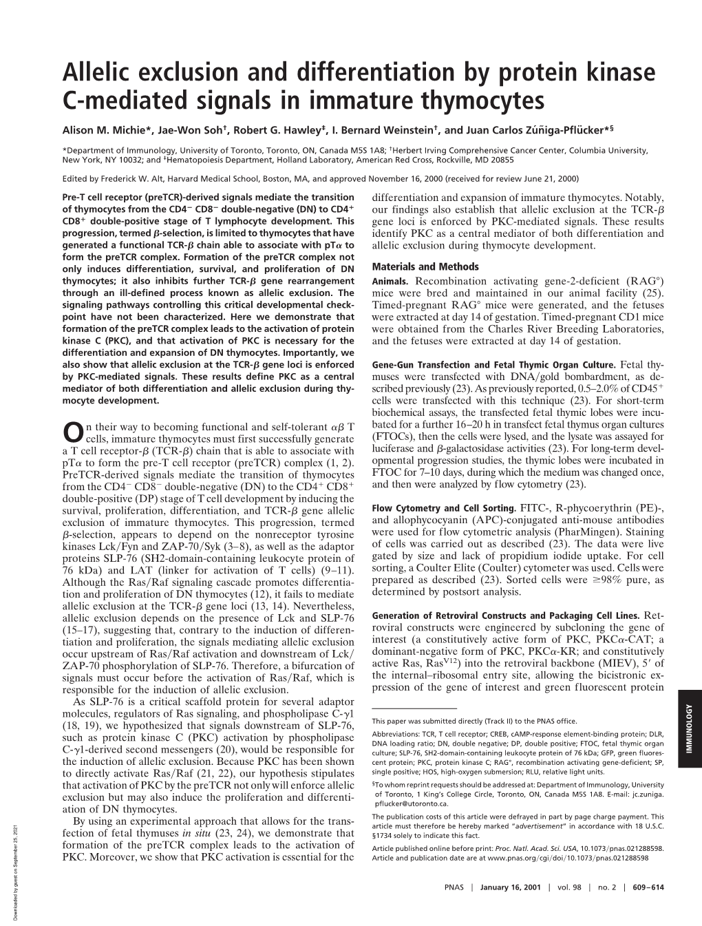 Allelic Exclusion and Differentiation by Protein Kinase C-Mediated Signals in Immature Thymocytes