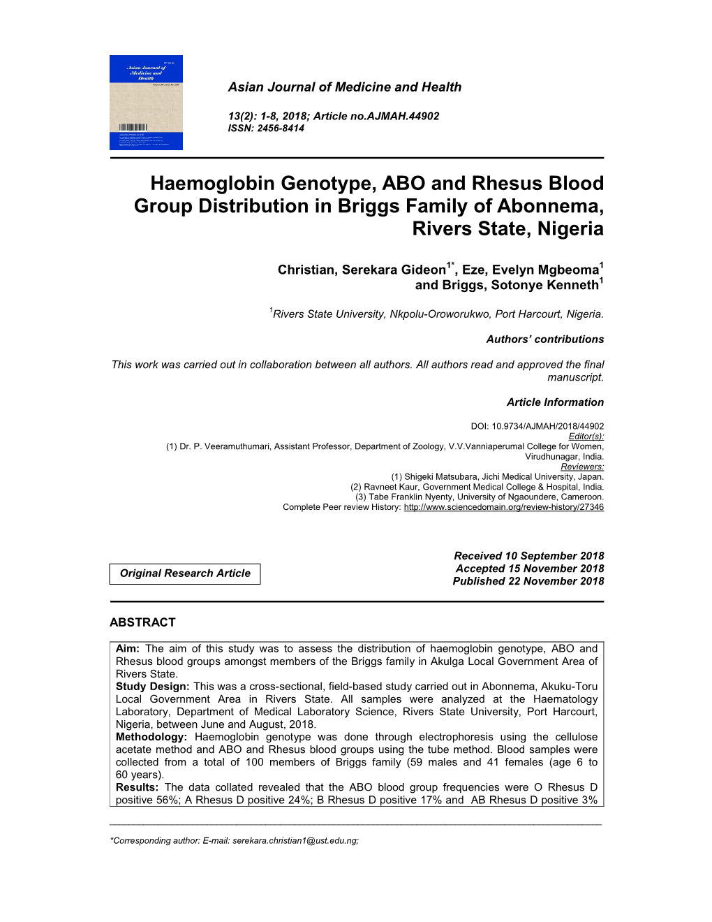 Haemoglobin Genotype, ABO and Rhesus Blood Group Distribution in Briggs Family of Abonnema, Rivers State, Nigeria