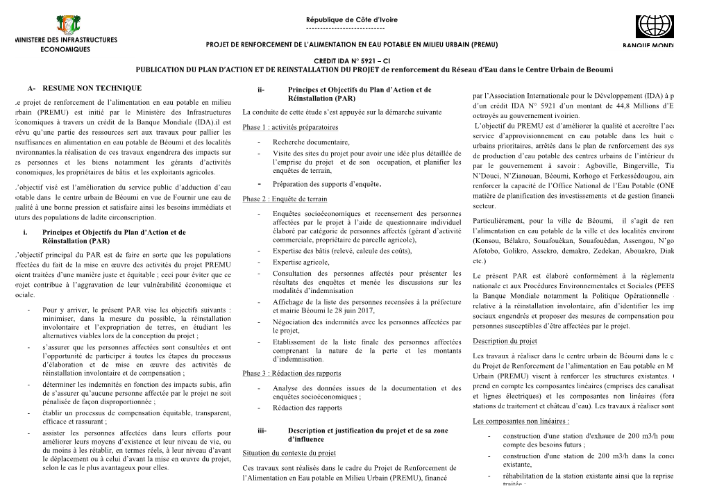 PUBLICATION DU PLAN D'action ET DE REINSTALLATION DU PROJET De Renforcement Du Réseau D'eau Dans Le Centre Urbain De Beoum