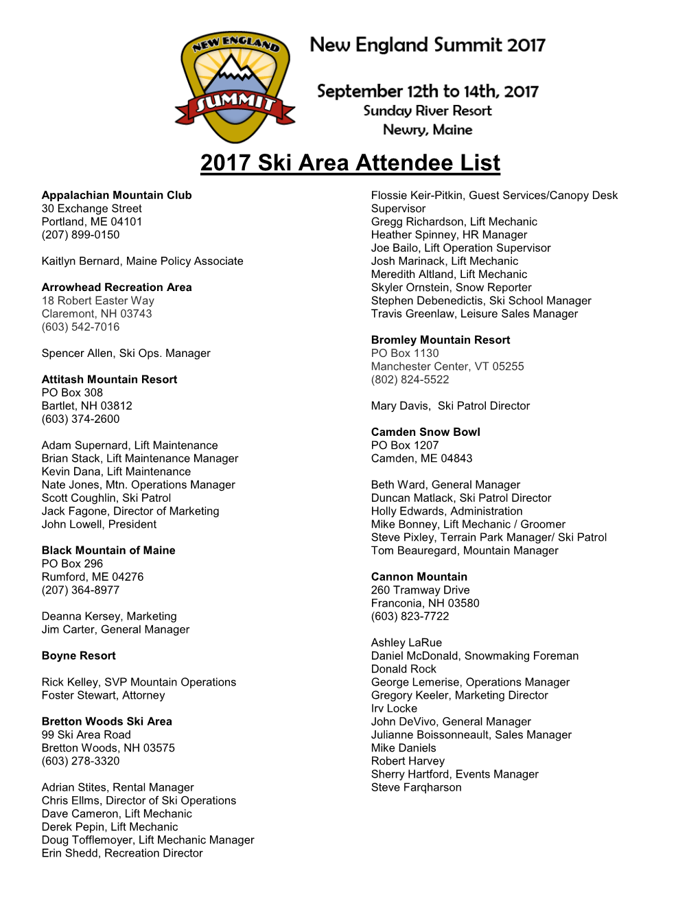 2017 Ski Area Attendee List