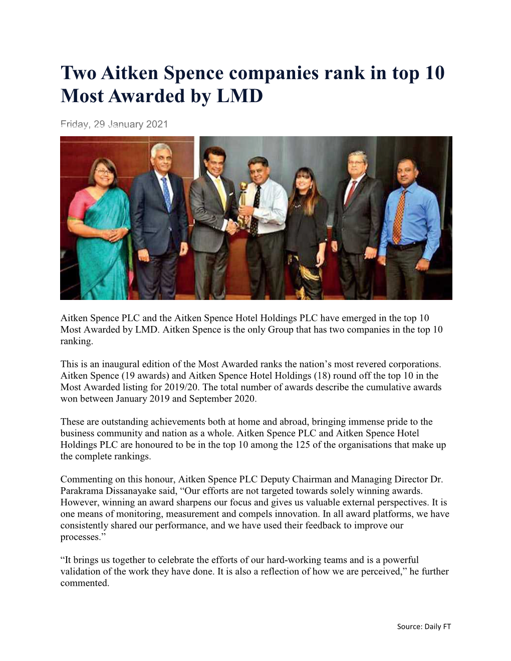 Two Aitken Spence Companies Rank in Top 10 Most Awarded by LMD