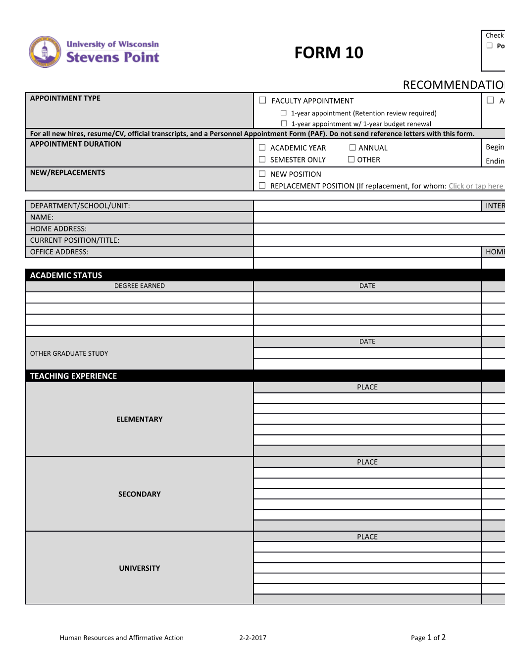 Form 10 - Recommendation For Faculty Or Academic Staff Appt