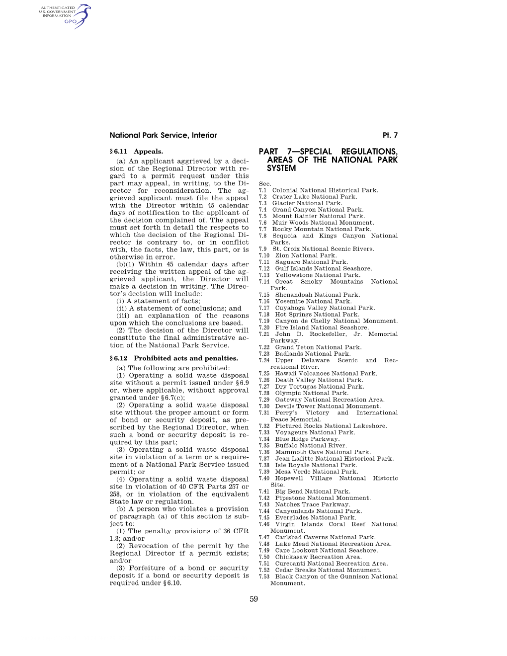 59 Part 7—Special Regulations, Areas of The