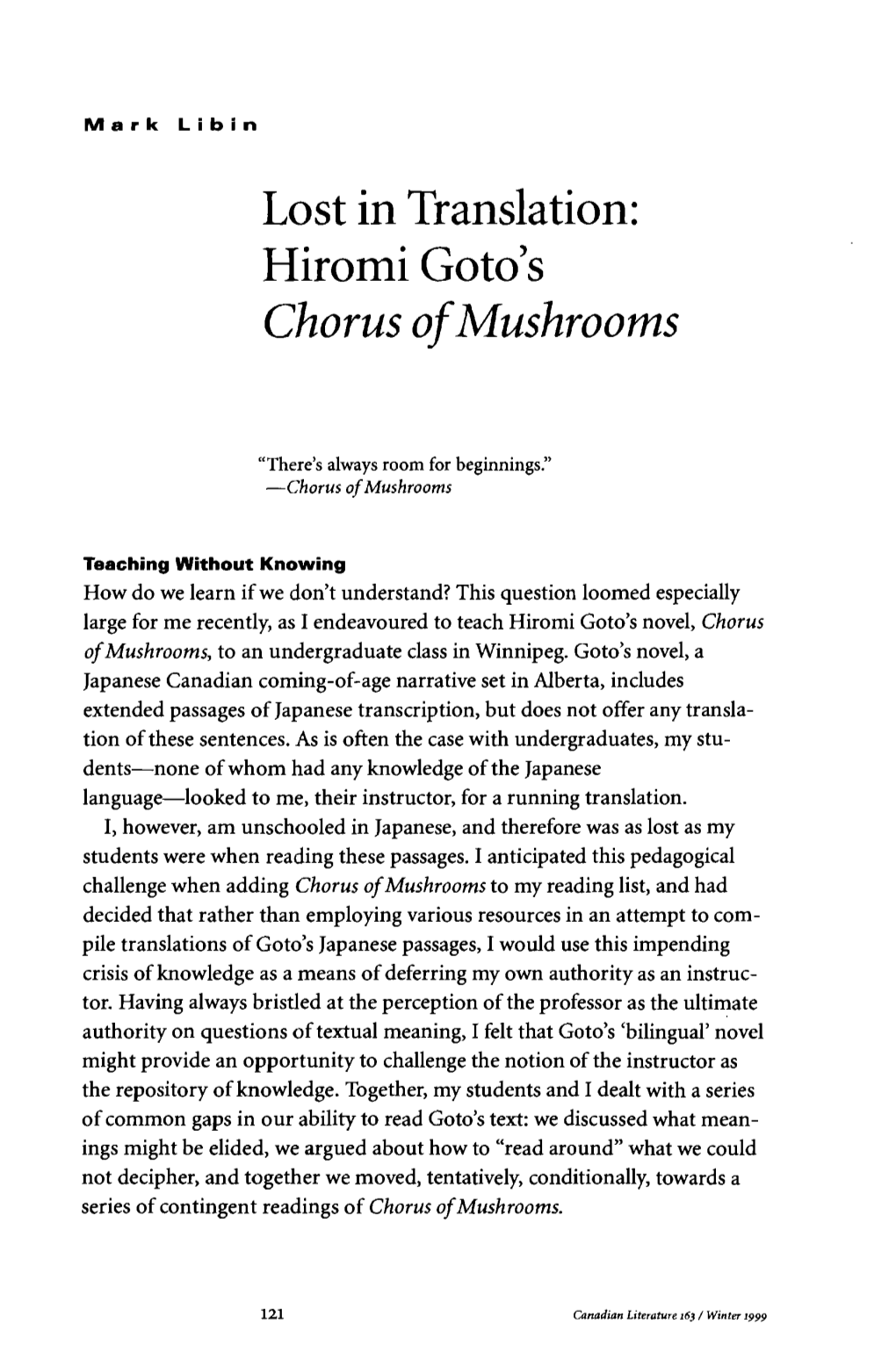 Hiromi Goto's Chorus of Mushrooms, and Also As an Image for the Beginning of a Hyphen Ated Canadian Text