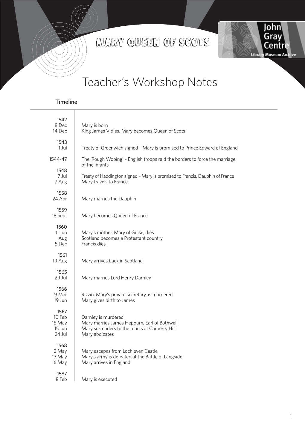 Mary, Queen of Scots: Notes for Teachers with Further Activities