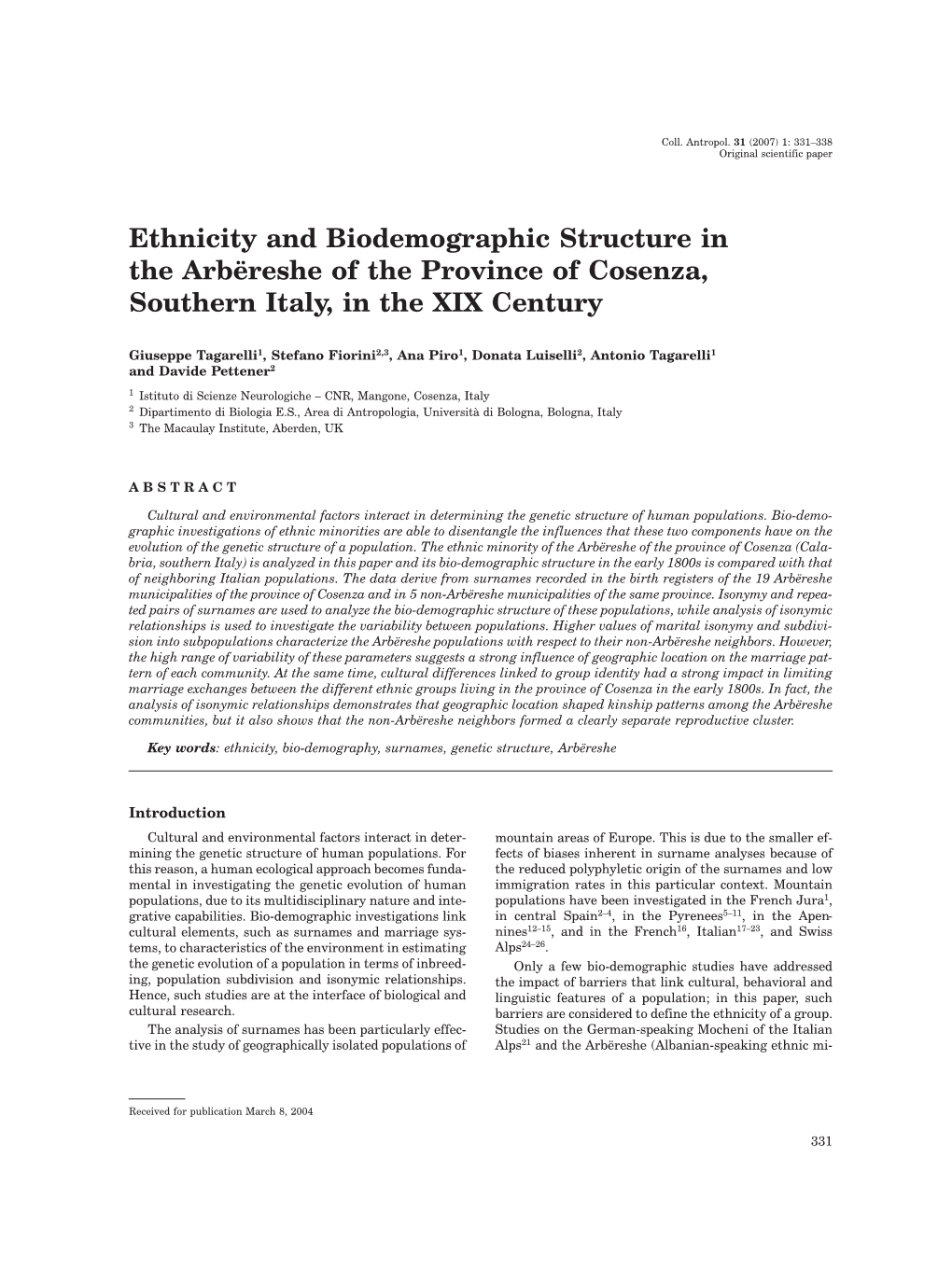 Ethnicity and Biodemographic Structure in the Arbëreshe of the Province of Cosenza, Southern Italy, in the XIX Century