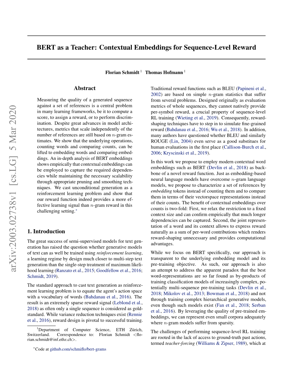 Contextual Embeddings for Sequence-Level Reward