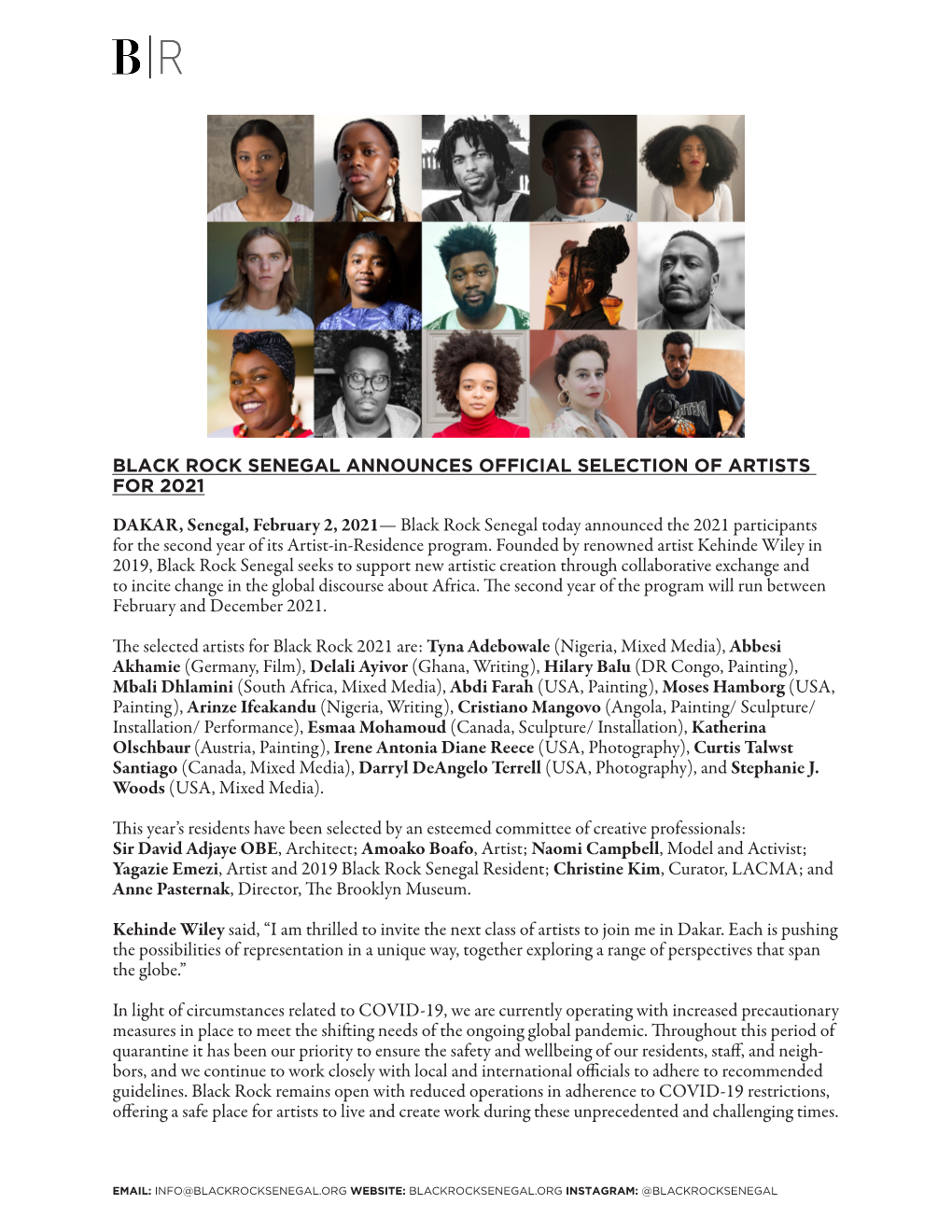 DAKAR, Senegal, February 2, 2021— Black Rock Senegal Today Announced the 2021 Participants for the Second Year of Its Artist-In-Residence Program