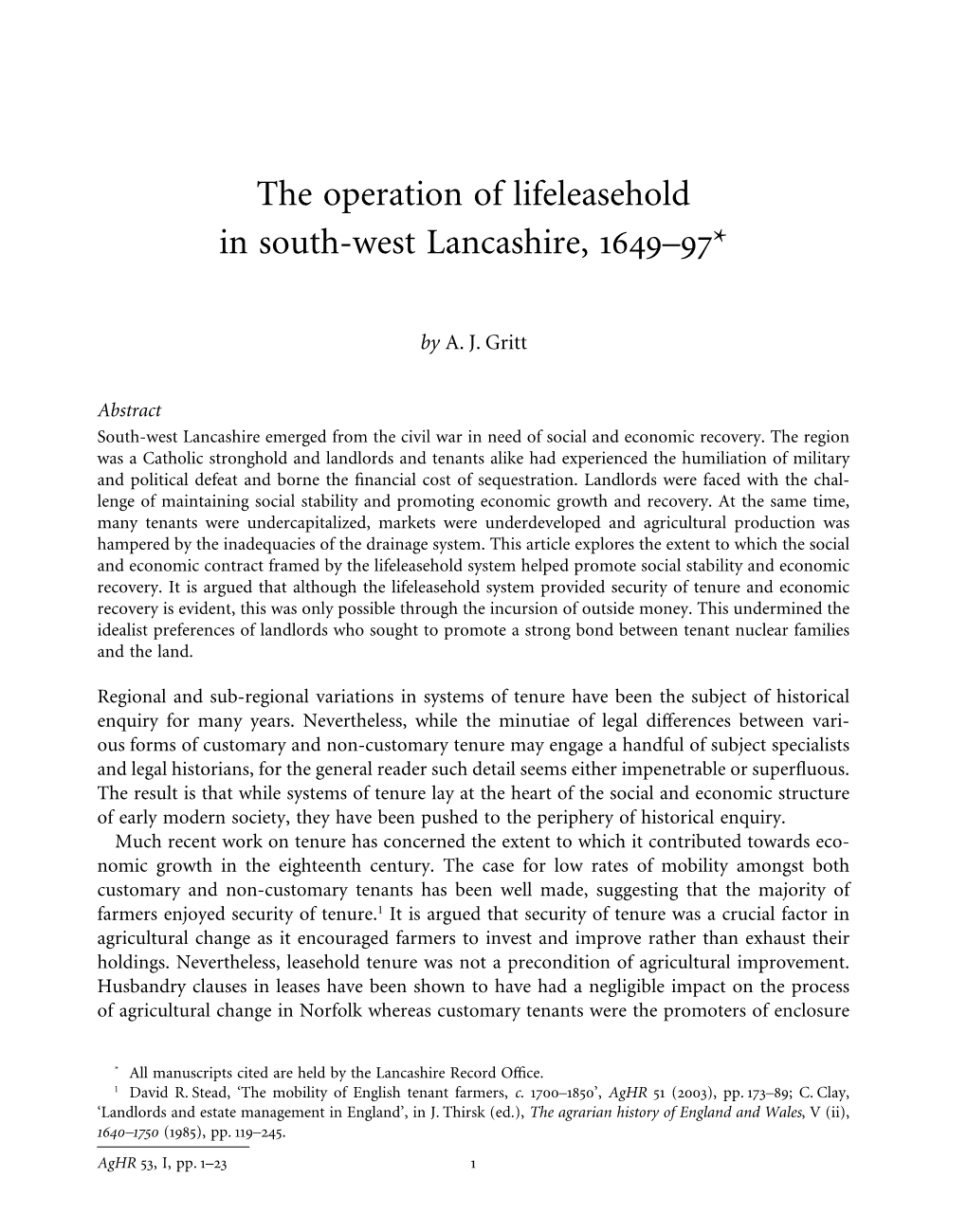 The Operation of Lifeleasehold in South-West Lancashire, 1649–97*