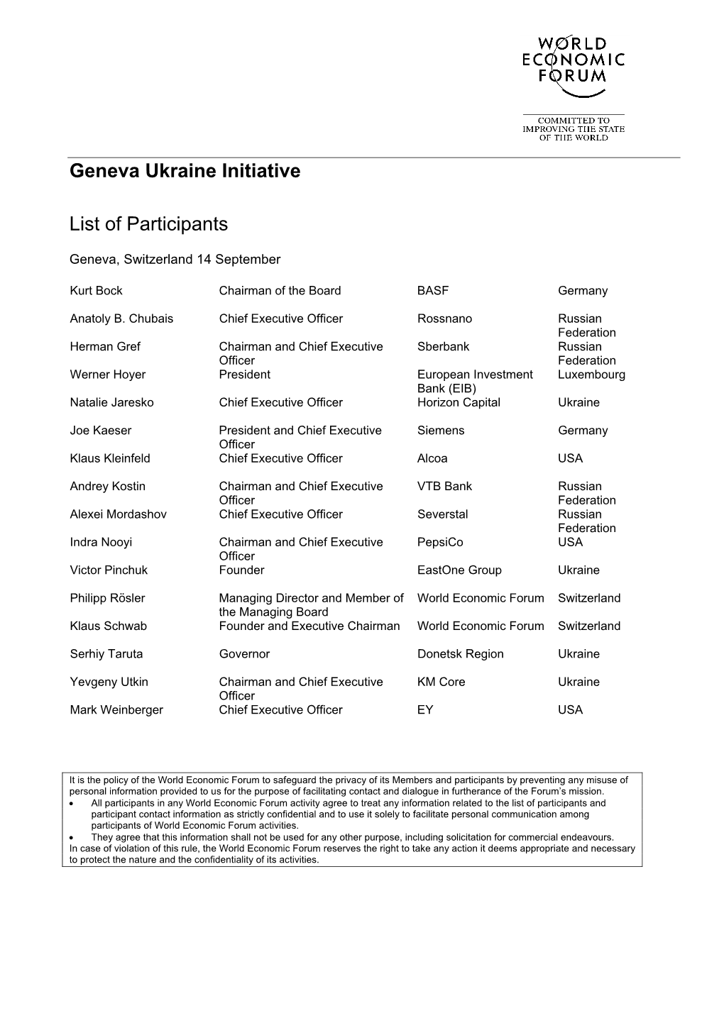 Geneva Ukraine Initiative List of Participants