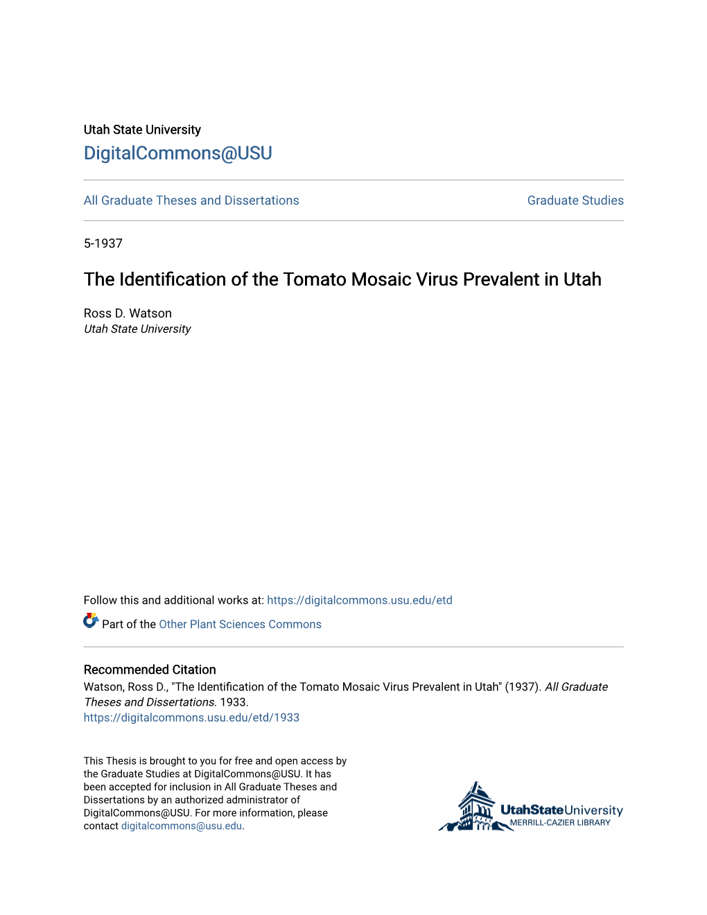 The Identification of the Tomato Mosaic Virus Prevalent in Utah