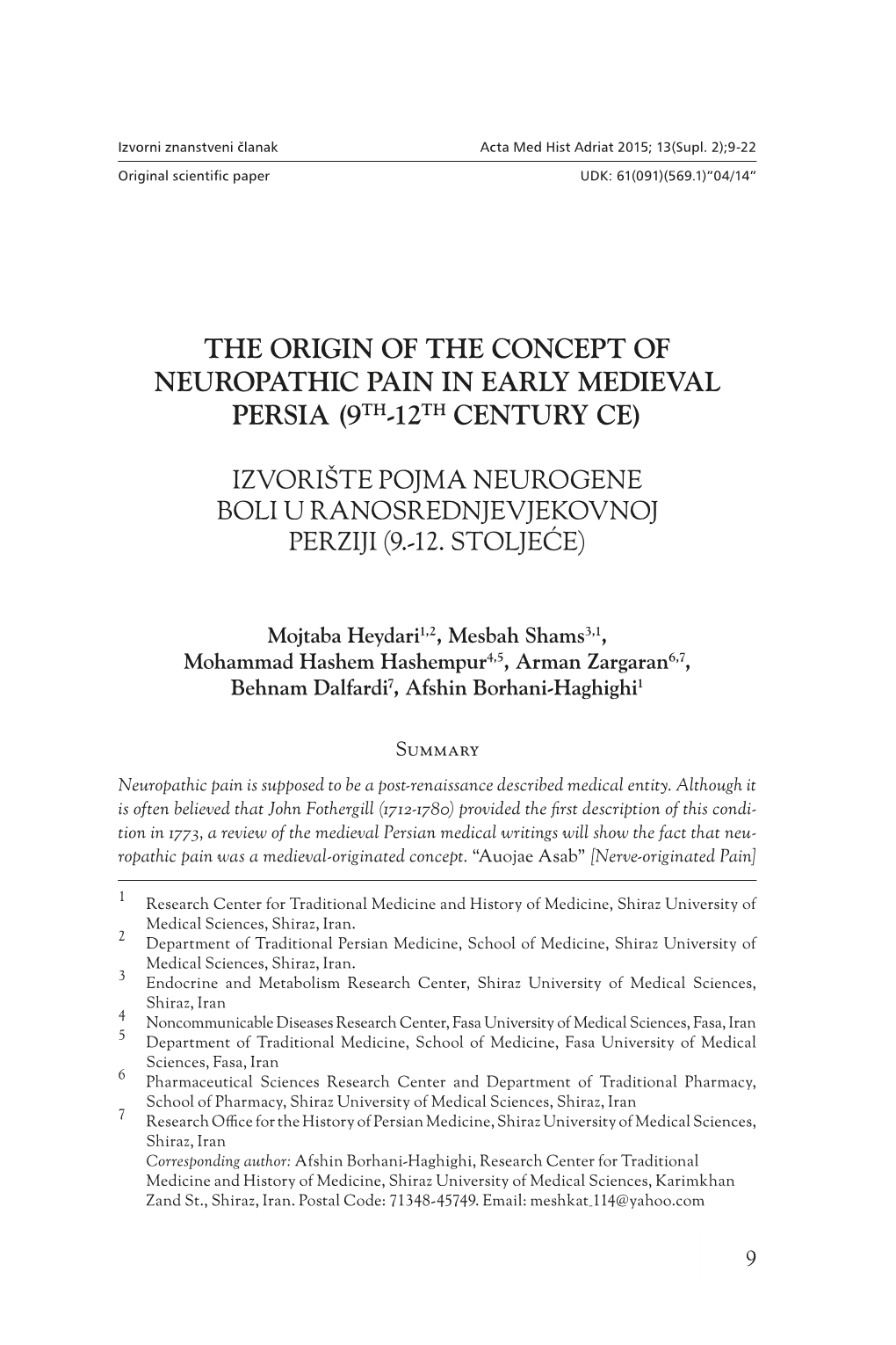 The Origin of the Concept of Neuropathic Pain in Early Medieval Persia (9Th-12Th Century Ce)