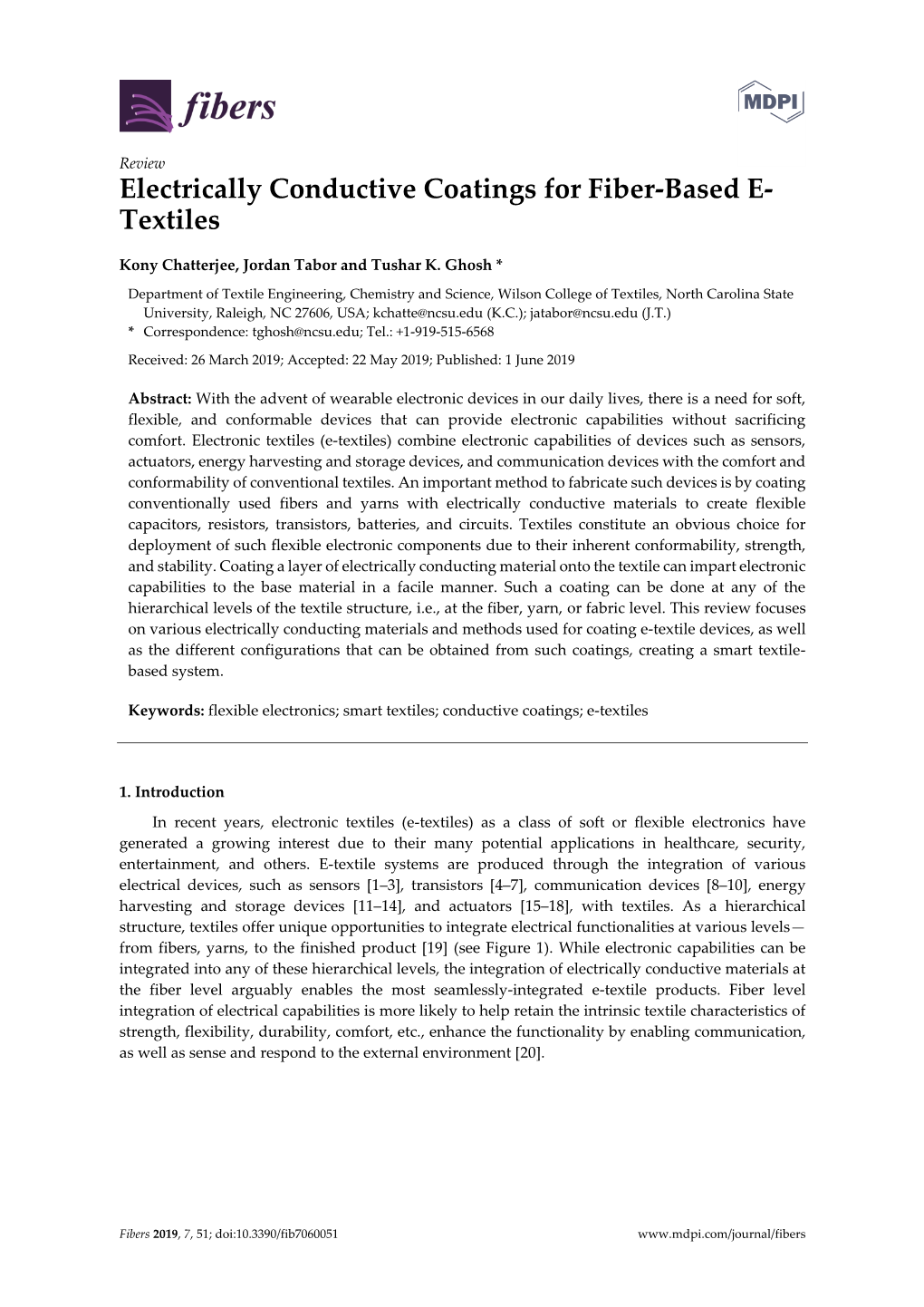 Electrically Conductive Coatings for Fiber-Based E- Textiles