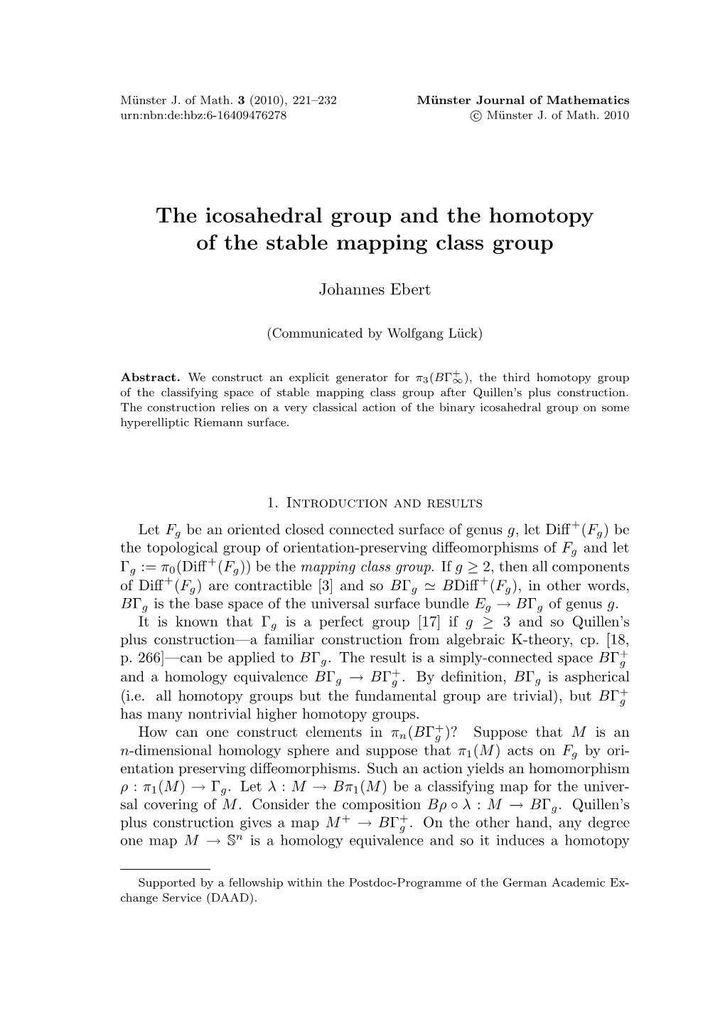 The Icosahedral Group and the Homotopy of the Stable Mapping Class Group