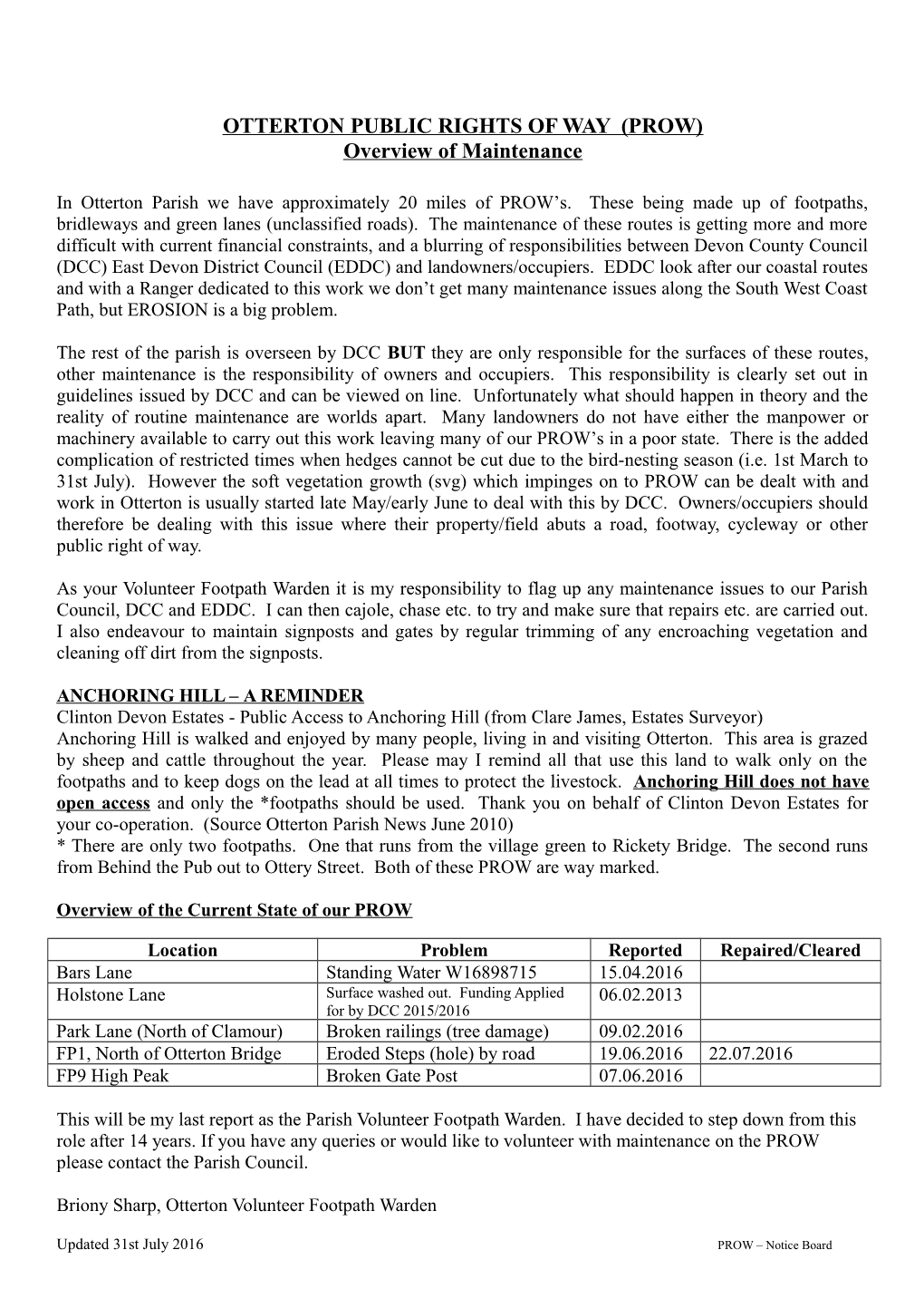 OTTERTON PUBLIC RIGHTS of WAY (PROW) Overview of Maintenance