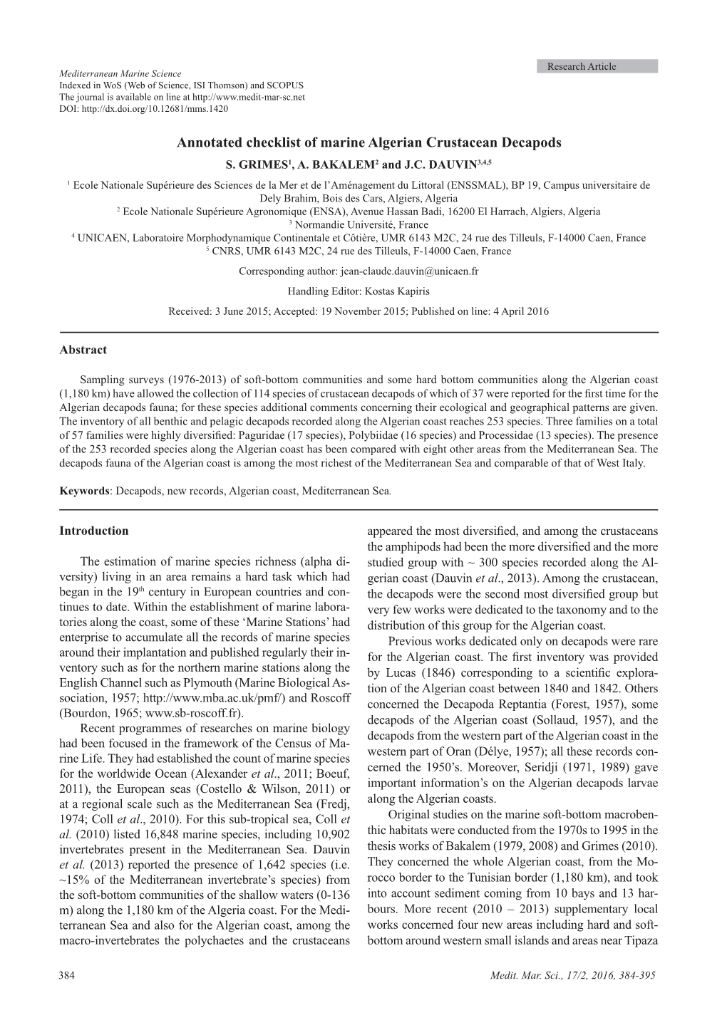 Annotated Checklist of Marine Algerian Crustacean Decapods S