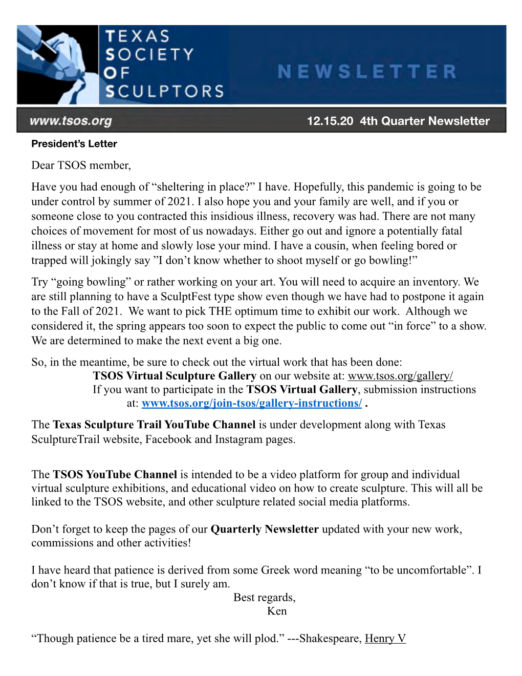 The 2020 TSOS 4Th Quarter Newsletter