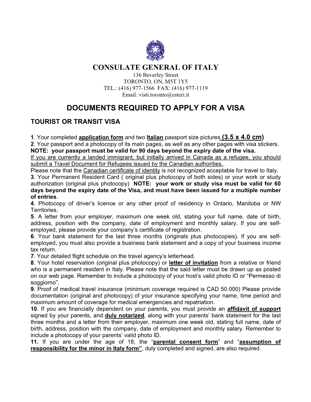 Consulate General of Italy Documents Required To