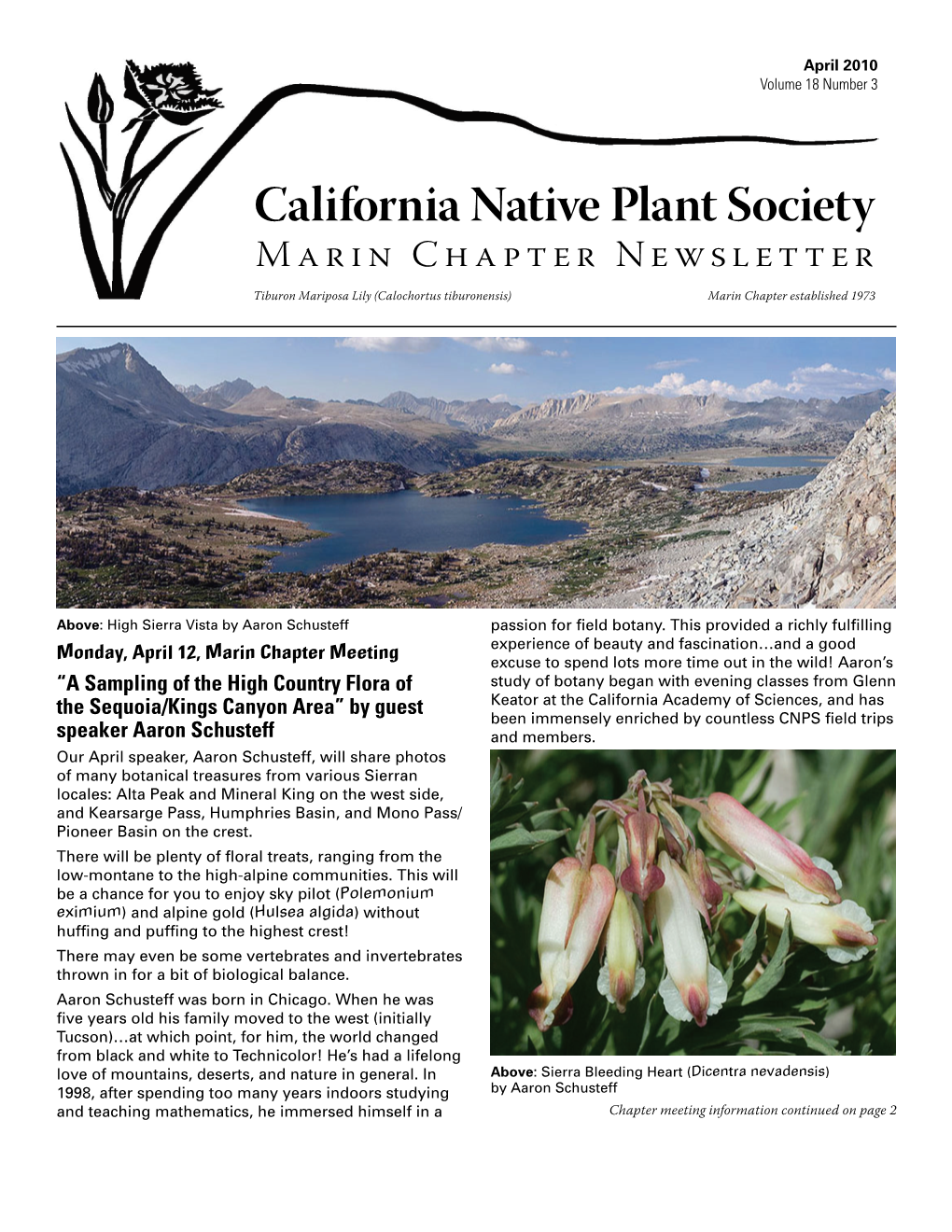 California Native Plant Society Marin Chapter Newsletter Tiburon Mariposa Lily (Calochortus Tiburonensis) Marin Chapter Established 1973