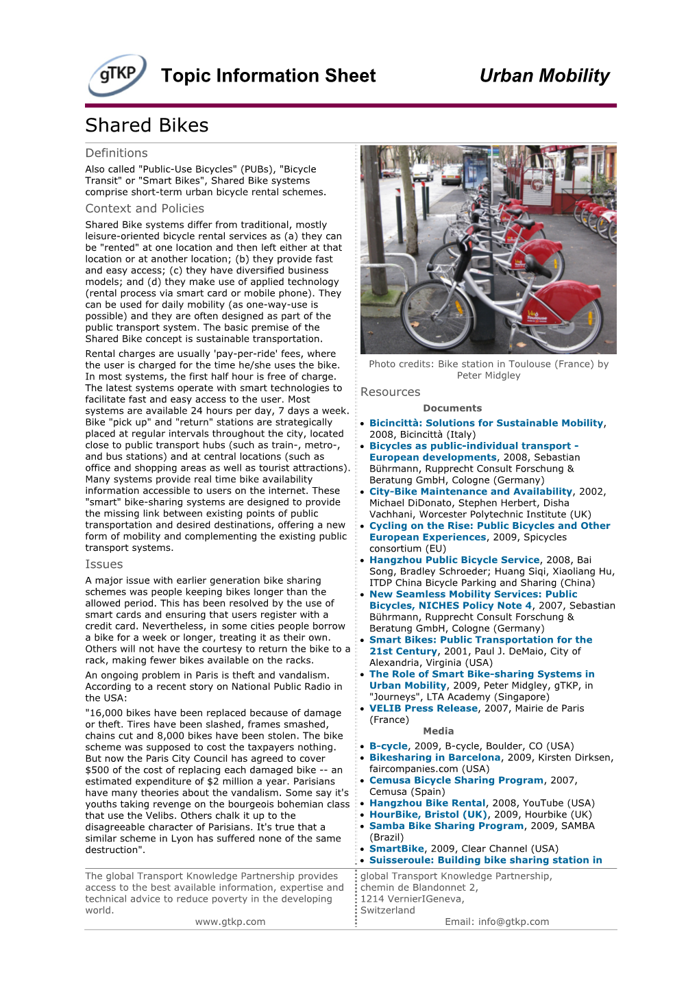 Topic Information Sheet Urban Mobility Shared Bikes