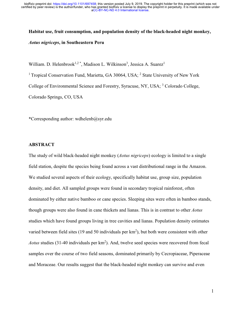 Habitat Use, Fruit Consumption, and Population Density of the Black-Headed Night Monkey