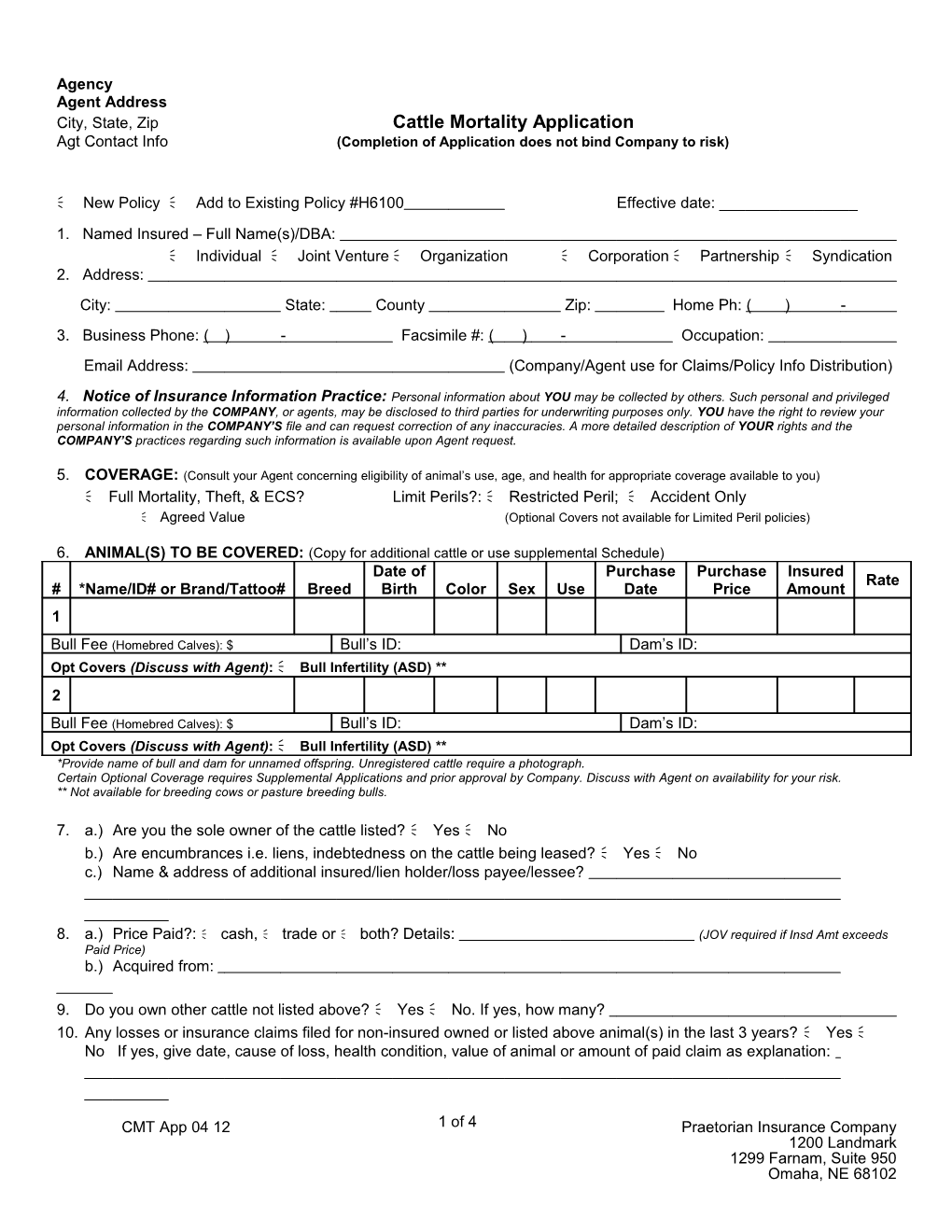 City, State, Zip Cattle Mortality Application