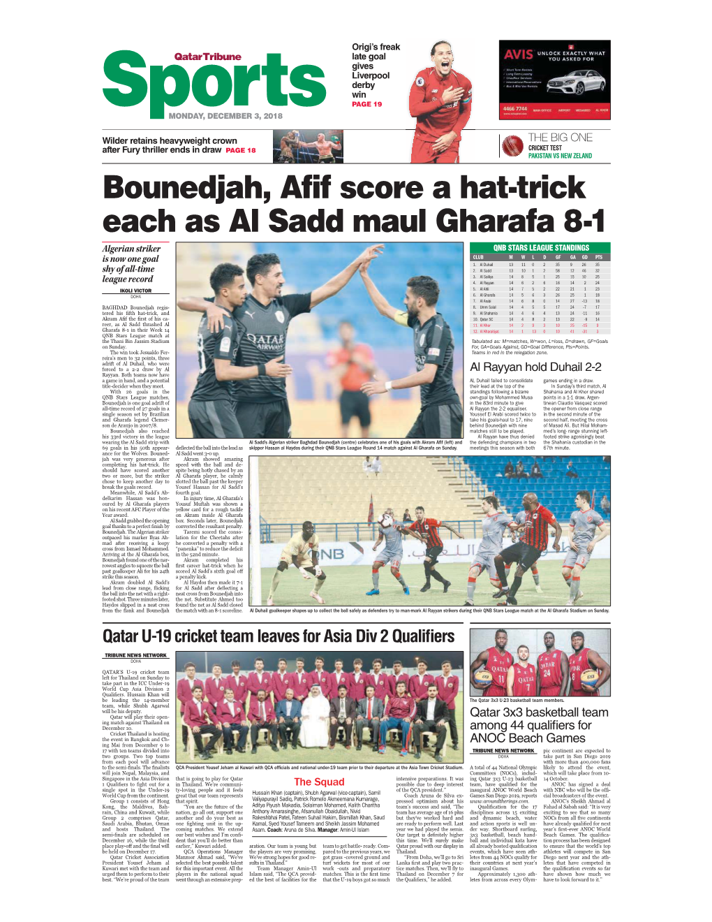 Bounedjah, Afif Score a Hat-Trick Each As Al Sadd Maul Gharafa 8-1 Algerian Striker QNB STARS LEAGUE STANDINGS Is Now One Goal CLUB M W L D GF GA GD PTS 1