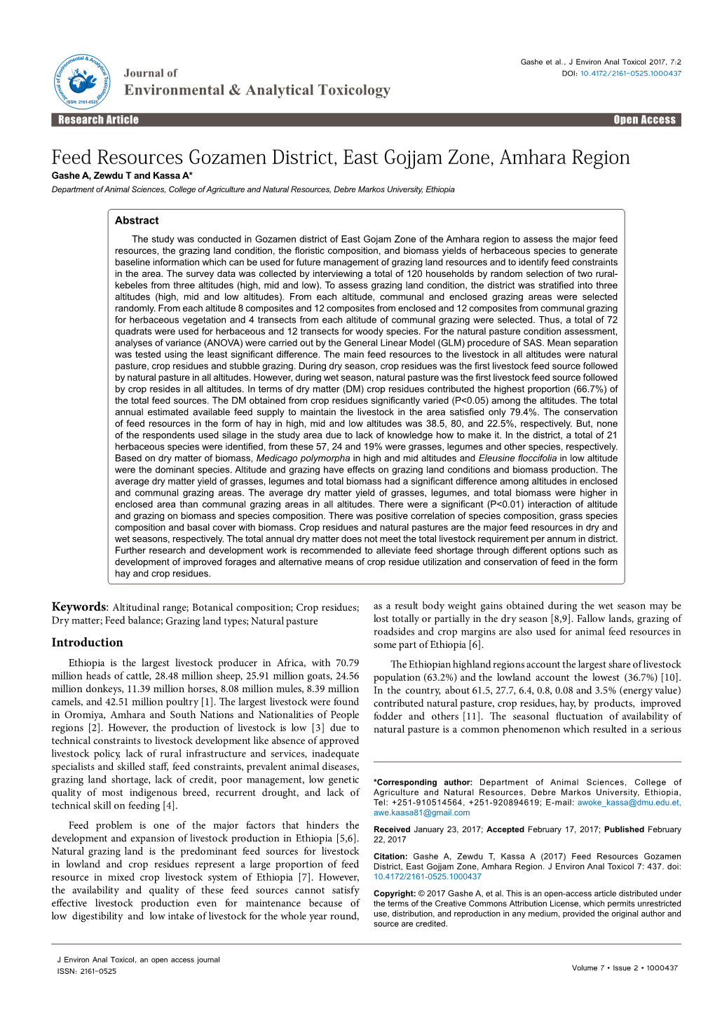 Feed Resources Gozamen District, East Gojjam Zone, Amhara Region