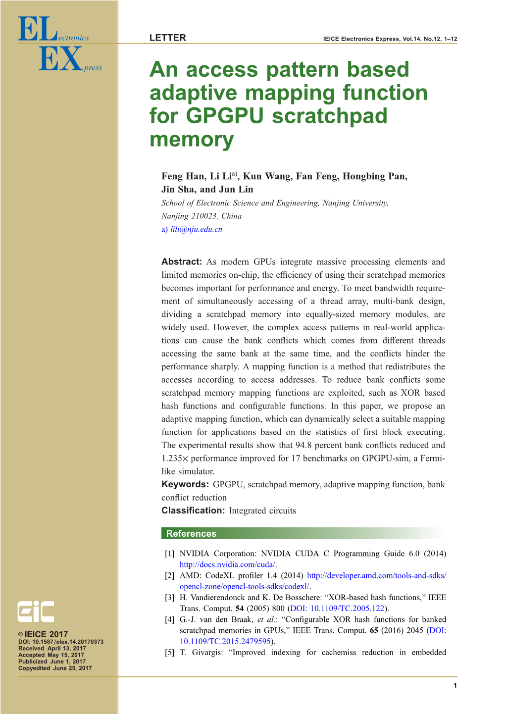 An Access Pattern Based Adaptive Mapping Function for GPGPU Scratchpad Memory