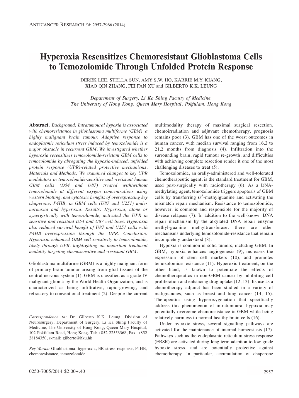 Hyperoxia Resensitizes Chemoresistant Glioblastoma Cells to Temozolomide Through Unfolded Protein Response